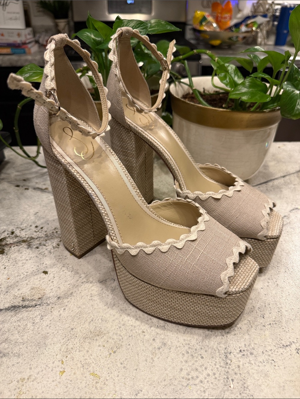 Sam Edelman Beige Platform Peep-Toe Ankle Strap Heels size 10